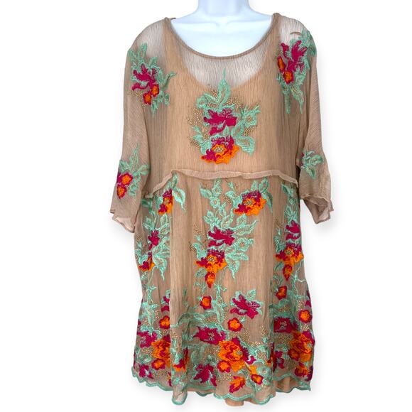 Soft Surroundings | XL | Embroidered Round-Neck Silk Tunic Coverup Sheer Cami - Picture 2 of 8